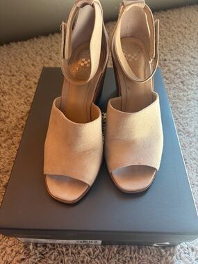 Vince Camuto Blush Suede Peep-Toe Ankle Strap Heels